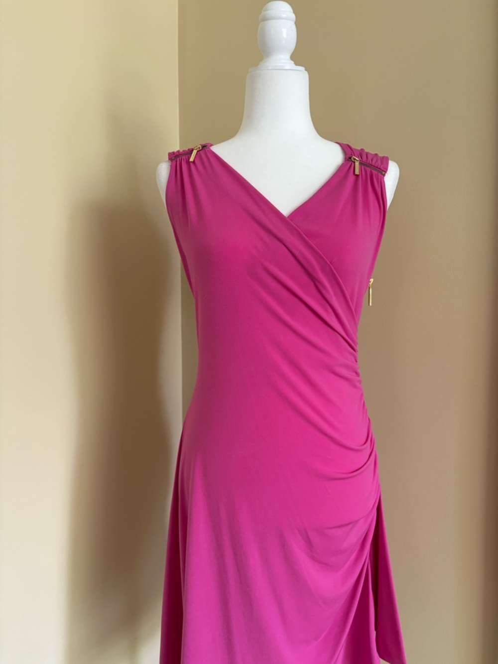 Michael Kors Hot Pink Sleeveless Faux-Wrap Maxi Dress with Gold Hardware